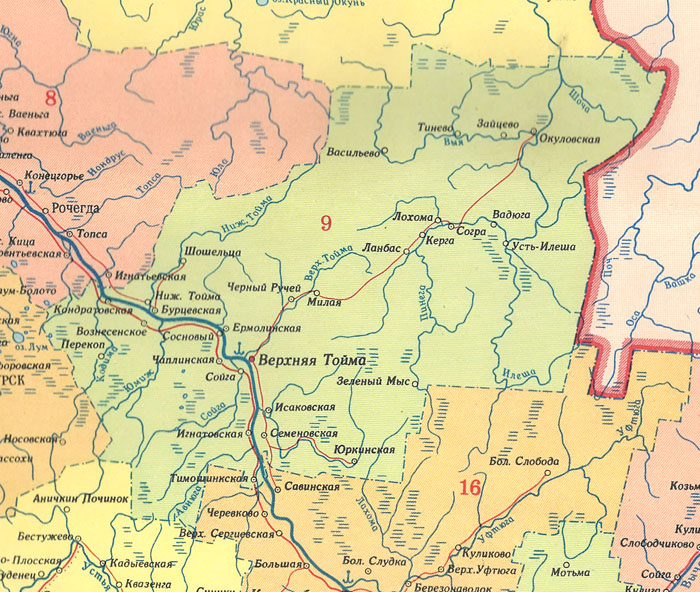 Верхняя Тойма на карте Архангельской области. 1968 год
